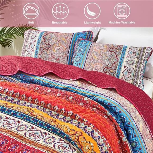 BEDDING Boho Quilt Set Queen Size, Bohemian Stripe 3 Pieces Christmas - Picture 6 of 7